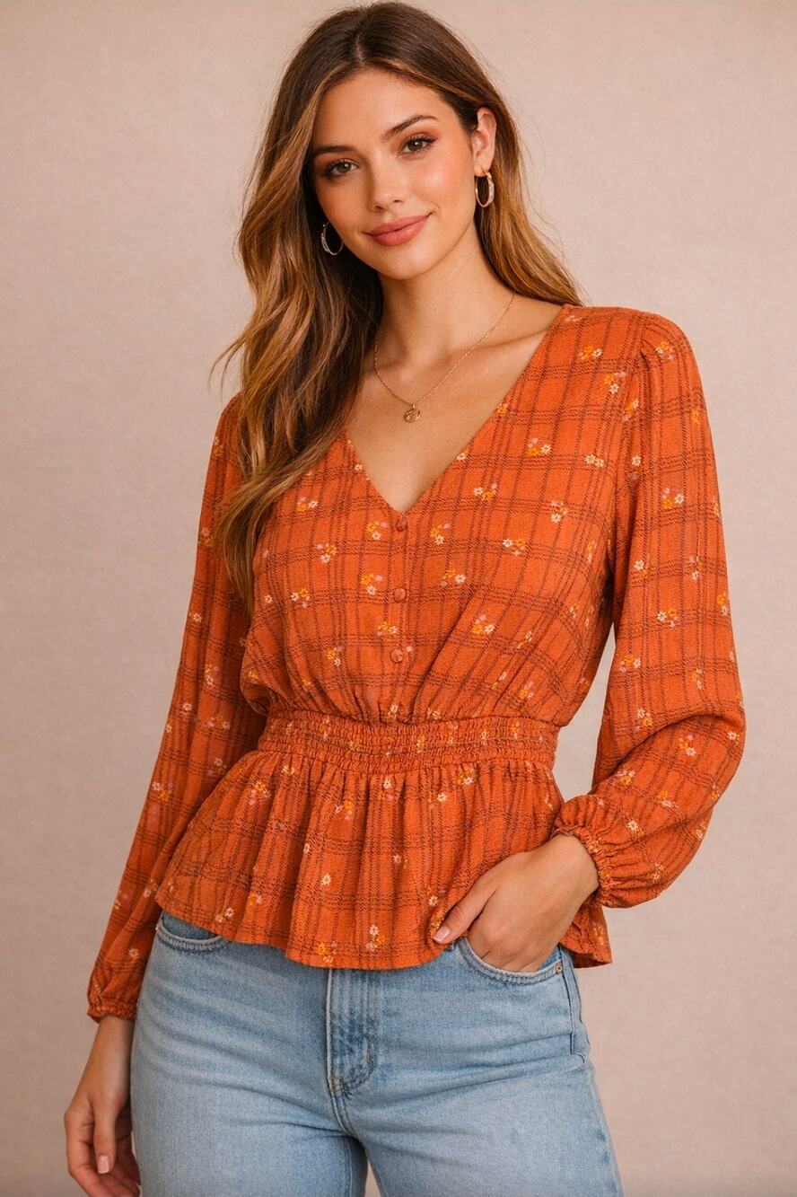 NWT Gypsies & Moondust Rust Plaid Smocked Waist Blouse 1X